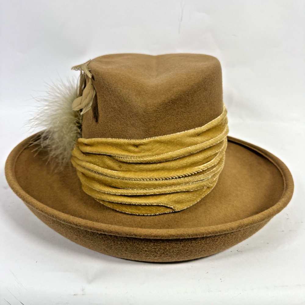 Vintage Lord & Taylor Beige Fedora 100% Wool Felt Hat With Velvet Feathers